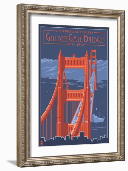 Golden Gate Bridge and Skyline - 75th Anniversary - San Francisco, CA-Lantern Press-Framed Art Print