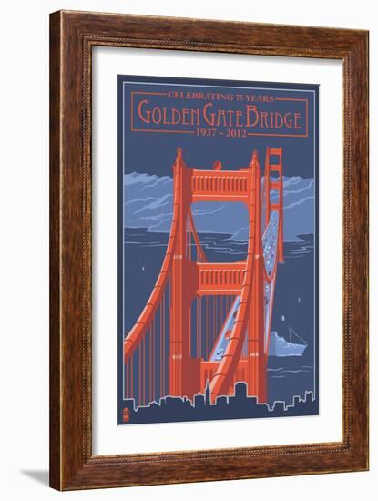 Golden Gate Bridge and Skyline - 75th Anniversary - San Francisco, CA-Lantern Press-Framed Art Print