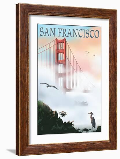 Golden Gate Bridge in Fog - San Francisco, California-Lantern Press-Framed Premium Giclee Print