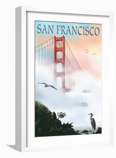Golden Gate Bridge in Fog - San Francisco, California-Lantern Press-Framed Premium Giclee Print