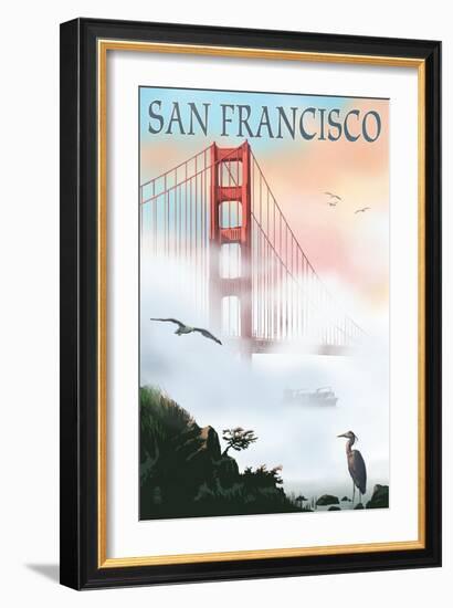 Golden Gate Bridge in Fog - San Francisco, California-Lantern Press-Framed Premium Giclee Print