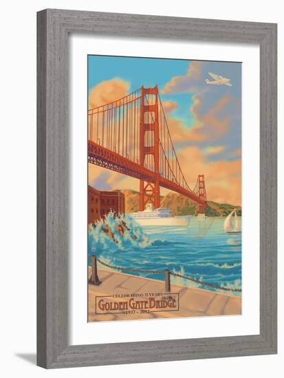 Golden Gate Bridge Sunset - 75th Anniversary - San Francisco, CA-Lantern Press-Framed Art Print