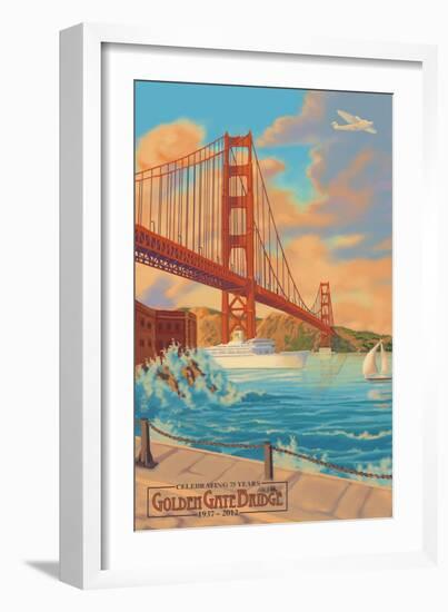 Golden Gate Bridge Sunset - 75th Anniversary - San Francisco, CA-Lantern Press-Framed Art Print