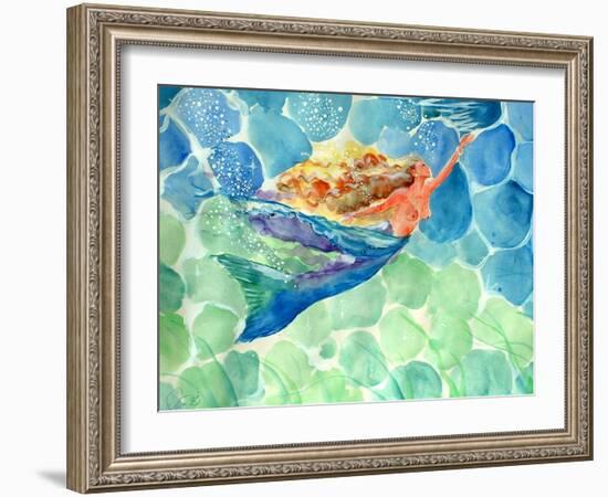 Golden Hair Blue Swimming Mermaid-sylvia pimental-Framed Art Print