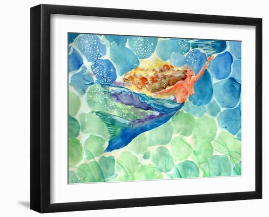 Golden Hair Blue Swimming Mermaid-sylvia pimental-Framed Art Print