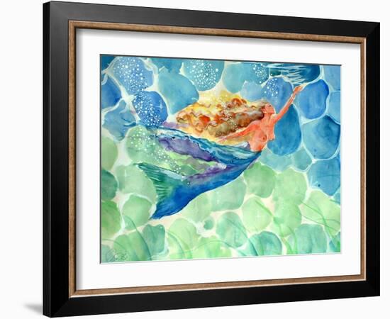 Golden Hair Blue Swimming Mermaid-sylvia pimental-Framed Art Print