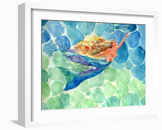 Golden Hair Blue Swimming Mermaid-sylvia pimental-Framed Art Print
