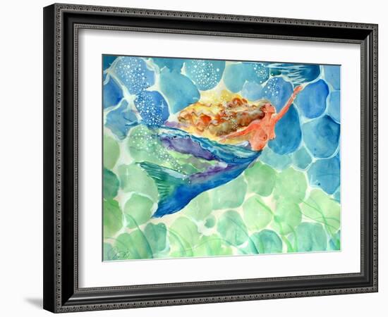 Golden Hair Blue Swimming Mermaid-sylvia pimental-Framed Art Print