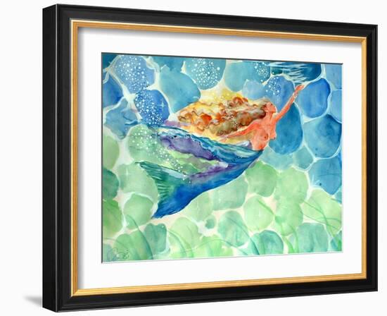 Golden Hair Blue Swimming Mermaid-sylvia pimental-Framed Art Print