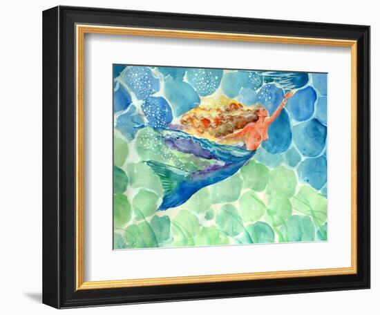 Golden Hair Blue Swimming Mermaid-sylvia pimental-Framed Premium Giclee Print
