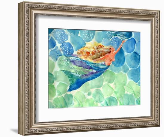 Golden Hair Blue Swimming Mermaid-sylvia pimental-Framed Art Print