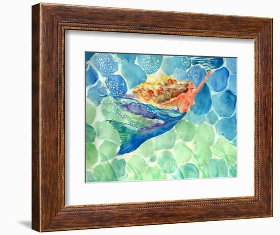 Golden Hair Blue Swimming Mermaid-sylvia pimental-Framed Art Print