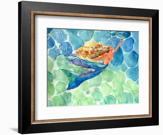 Golden Hair Blue Swimming Mermaid-sylvia pimental-Framed Art Print