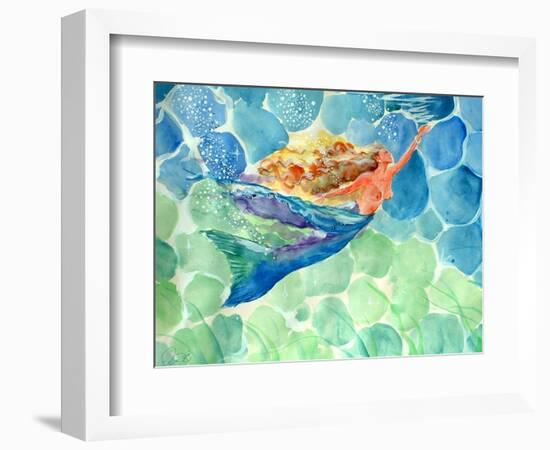 Golden Hair Blue Swimming Mermaid-sylvia pimental-Framed Art Print