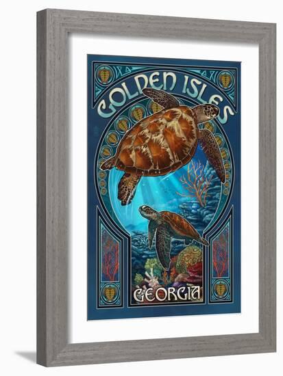 Golden Isles, Georgia - Sea Turtle Art Nouveau-Lantern Press-Framed Art Print