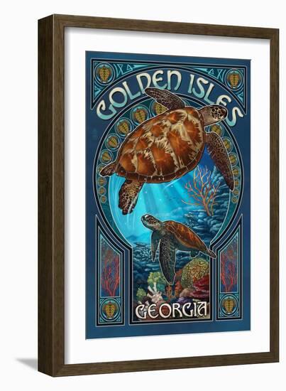 Golden Isles, Georgia - Sea Turtle Art Nouveau-Lantern Press-Framed Art Print