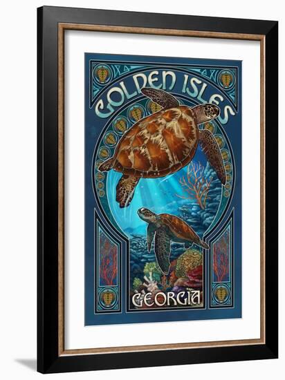 Golden Isles, Georgia - Sea Turtle Art Nouveau-Lantern Press-Framed Art Print