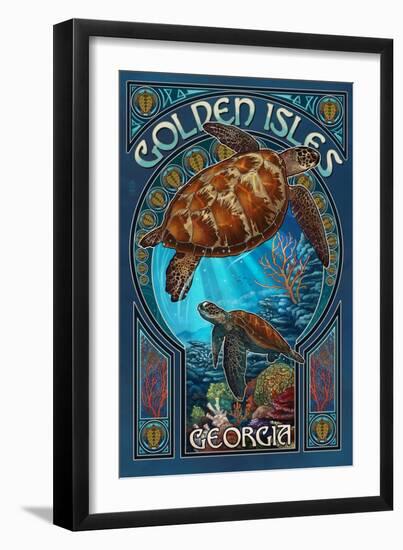 Golden Isles, Georgia - Sea Turtle Art Nouveau-Lantern Press-Framed Art Print