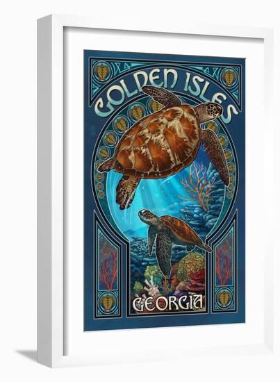 Golden Isles, Georgia - Sea Turtle Art Nouveau-Lantern Press-Framed Art Print