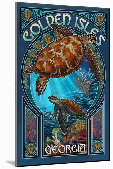 Golden Isles, Georgia - Sea Turtle Art Nouveau-Lantern Press-Mounted Art Print
