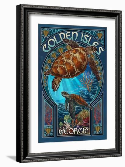 Golden Isles, Georgia - Sea Turtle Art Nouveau-Lantern Press-Framed Art Print