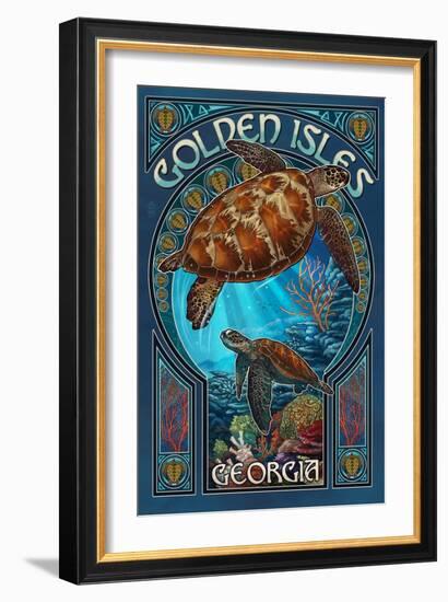 Golden Isles, Georgia - Sea Turtle Art Nouveau-Lantern Press-Framed Art Print