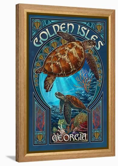 Golden Isles, Georgia - Sea Turtle Art Nouveau-Lantern Press-Framed Stretched Canvas