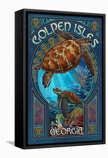 Golden Isles, Georgia - Sea Turtle Art Nouveau-Lantern Press-Framed Stretched Canvas