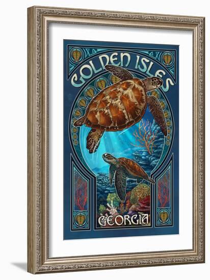 Golden Isles, Georgia - Sea Turtle Art Nouveau-Lantern Press-Framed Premium Giclee Print