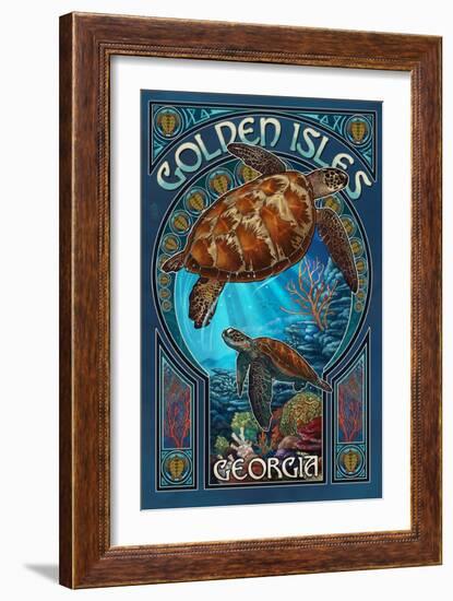 Golden Isles, Georgia - Sea Turtle Art Nouveau-Lantern Press-Framed Premium Giclee Print