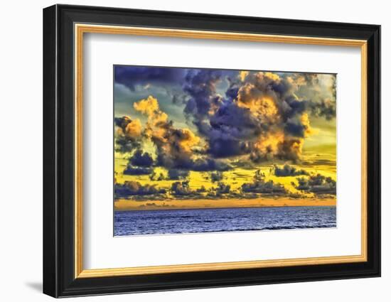 Golden light of swirling clouds sunset reflects a pink glow on the beach at Pererenan Beach, Bali.-Greg Johnston-Framed Photographic Print