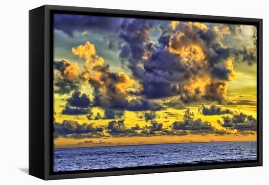 Golden light of swirling clouds sunset reflects a pink glow on the beach at Pererenan Beach, Bali.-Greg Johnston-Framed Premier Image Canvas