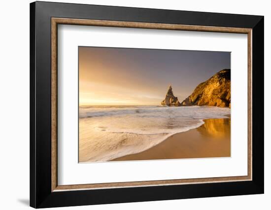 Golden Reflections of the Cliffs on Praia Da Ursa Beach Bathed by Ocean at Sunset, Cabo Da Roca-Roberto Moiola-Framed Photographic Print