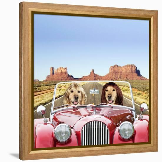 Golden Retrievers Driving Car Through Desert Scene-null-Framed Premier Image Canvas
