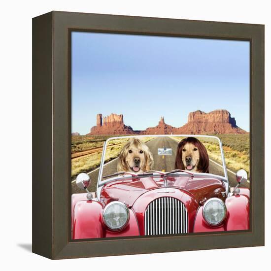 Golden Retrievers Driving Car Through Desert Scene-null-Framed Premier Image Canvas