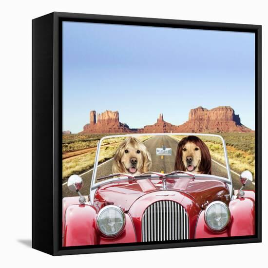 Golden Retrievers Driving Car Through Desert Scene-null-Framed Premier Image Canvas