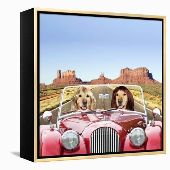 Golden Retrievers Driving Car Through Desert Scene-null-Framed Premier Image Canvas