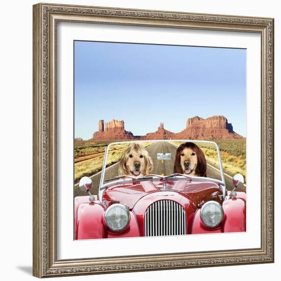 Golden Retrievers Driving Car Through Desert Scene-null-Framed Photographic Print