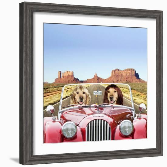 Golden Retrievers Driving Car Through Desert Scene-null-Framed Photographic Print