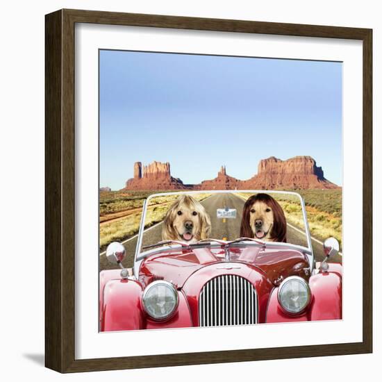 Golden Retrievers Driving Car Through Desert Scene-null-Framed Photographic Print