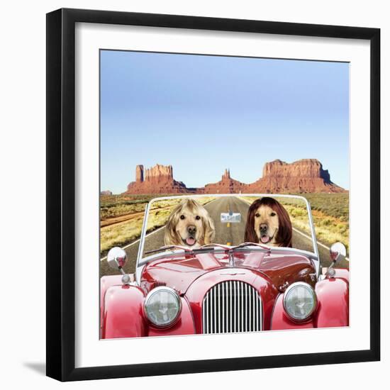 Golden Retrievers Driving Car Through Desert Scene-null-Framed Photographic Print