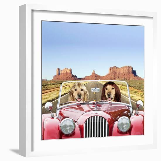 Golden Retrievers Driving Car Through Desert Scene-null-Framed Photographic Print