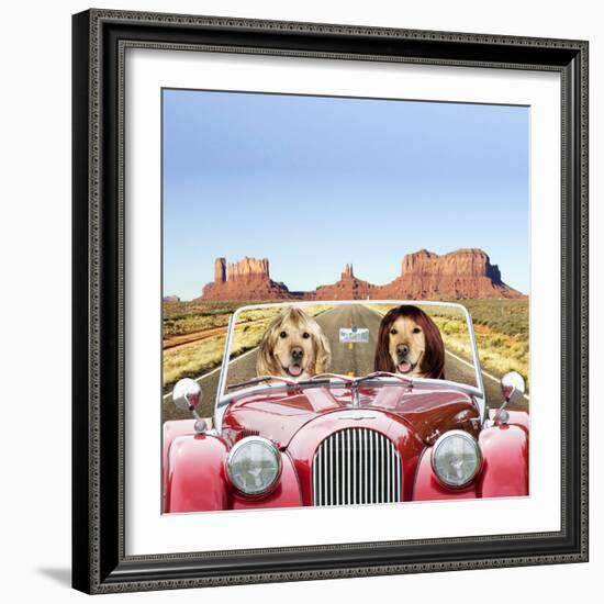 Golden Retrievers Driving Car Through Desert Scene-null-Framed Photographic Print