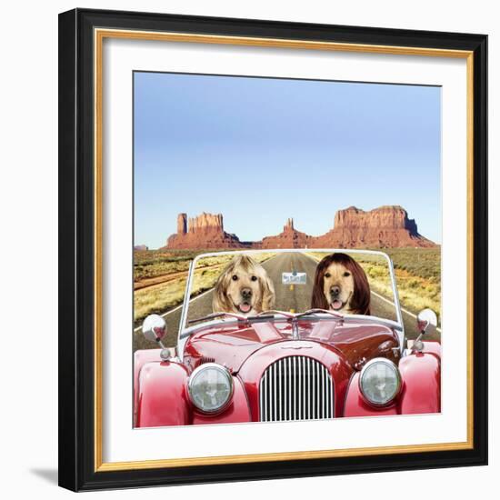 Golden Retrievers Driving Car Through Desert Scene-null-Framed Photographic Print