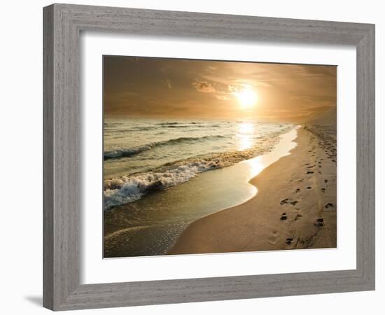 Golden Sunset on the Sea Shore and Footprints in the Sand-ollirg-Framed Photographic Print