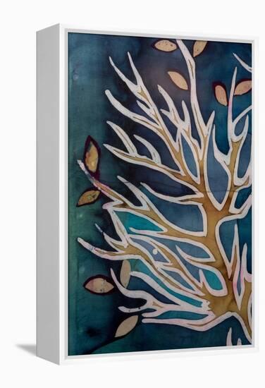 Golden Tree Branches with Leaves, Turquoise, Hot Batik, Background Texture, Handmade on Silk, Abstr-Sergey Kozienko-Framed Stretched Canvas