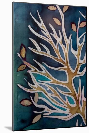 Golden Tree Branches with Leaves, Turquoise, Hot Batik, Background Texture, Handmade on Silk, Abstr-Sergey Kozienko-Mounted Art Print