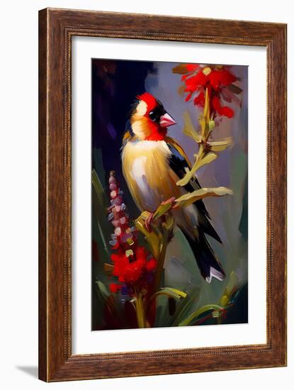 Goldfinch and Red Flower I-Vivienne Dupont-Framed Art Print