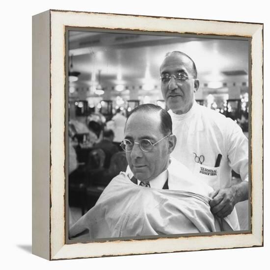 Goldman Sachs and Co. Partner Sidney Weinberg Sitting in Chair at Barber Shop-null-Framed Premier Image Canvas