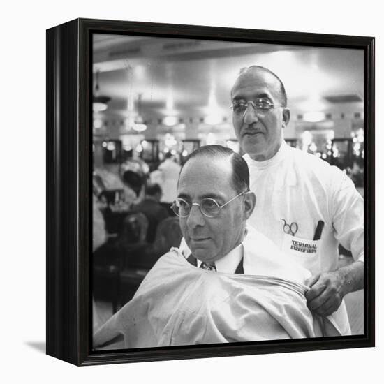 Goldman Sachs and Co. Partner Sidney Weinberg Sitting in Chair at Barber Shop-null-Framed Premier Image Canvas